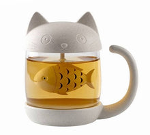 Load image into Gallery viewer, Cat Glass Tea Mug Cup with Fish Shaped Tea Infuser