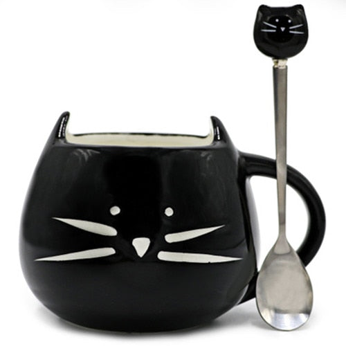 Cute Ceramic Cat Coffee Mug And Steel Spoon Set